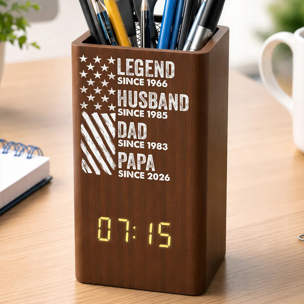 America Legend Husband Dad Papa Stars And Stripes - Personalized Pen Holder With Clock