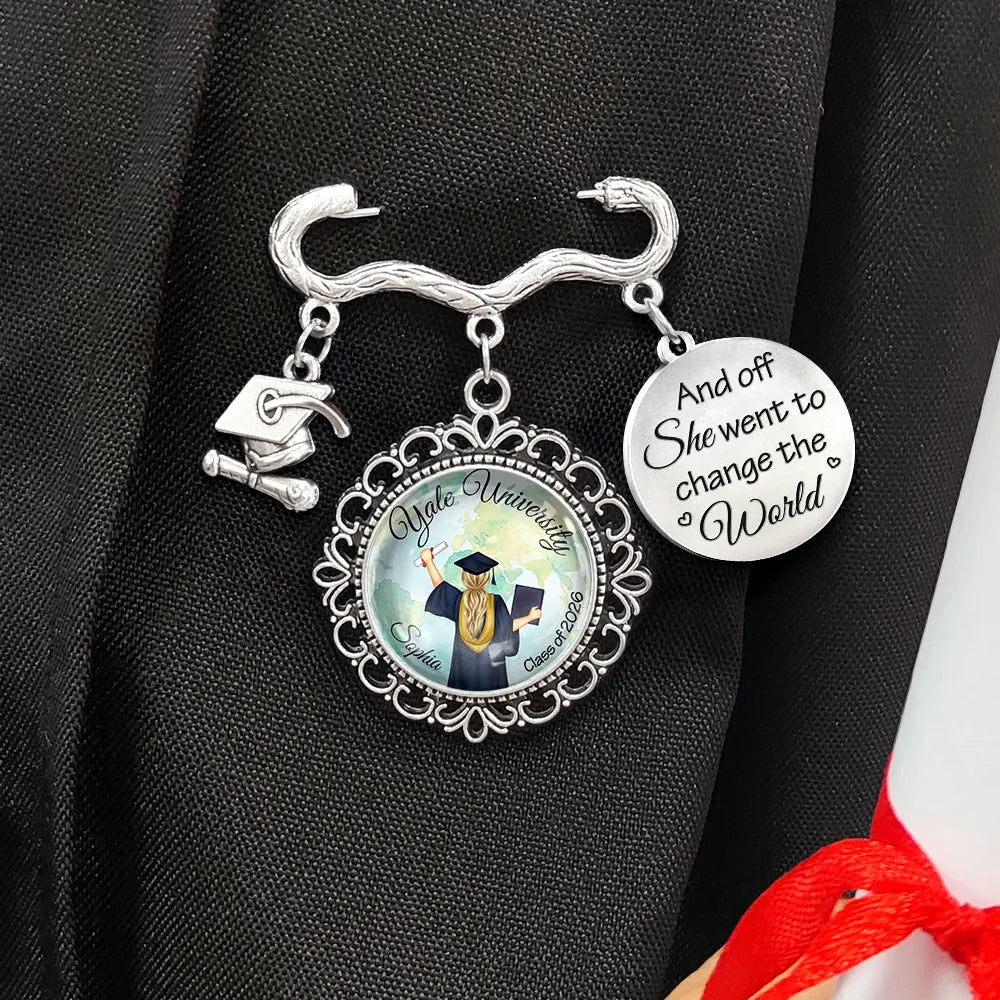 And Off She Went To Change The World - Personalized Graduation Tassel Pin