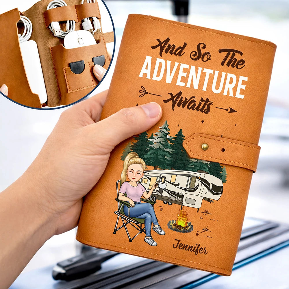 And So The Adventure Awaits - Personalized Leather Cable Bag