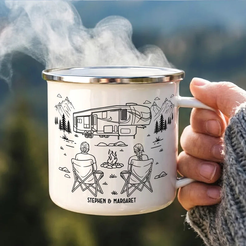 Camping,Campsite,Gift For Couples,Couple's Hobby,Happy - And So The Adventure Begins - Personalized Enamel Mug