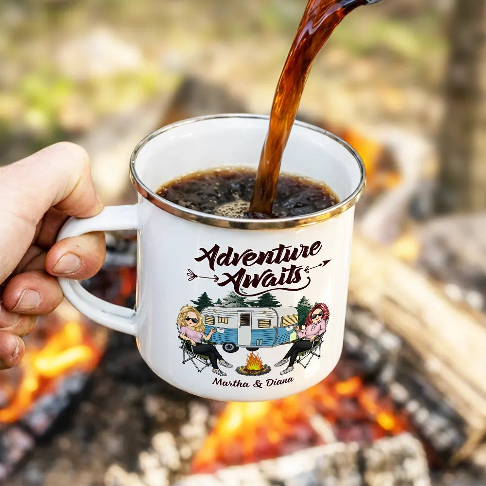 Camping,Campsite,Happy,Gift For Couples,Gift For Husband,Gift For Wife,Gift For Boyfriend,Gift For Girlfriend - And So The Adventure Begins Cartoon Couple Camping - Personalized Enamel Mug