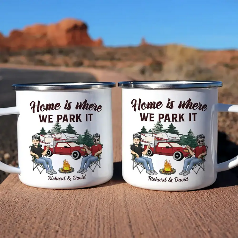 Camping,Campsite,Happy,Gift For Couples,Gift For Husband,Gift For Wife,Gift For Boyfriend,Gift For Girlfriend - And So The Adventure Begins Cartoon Couple Camping - Personalized Enamel Mug