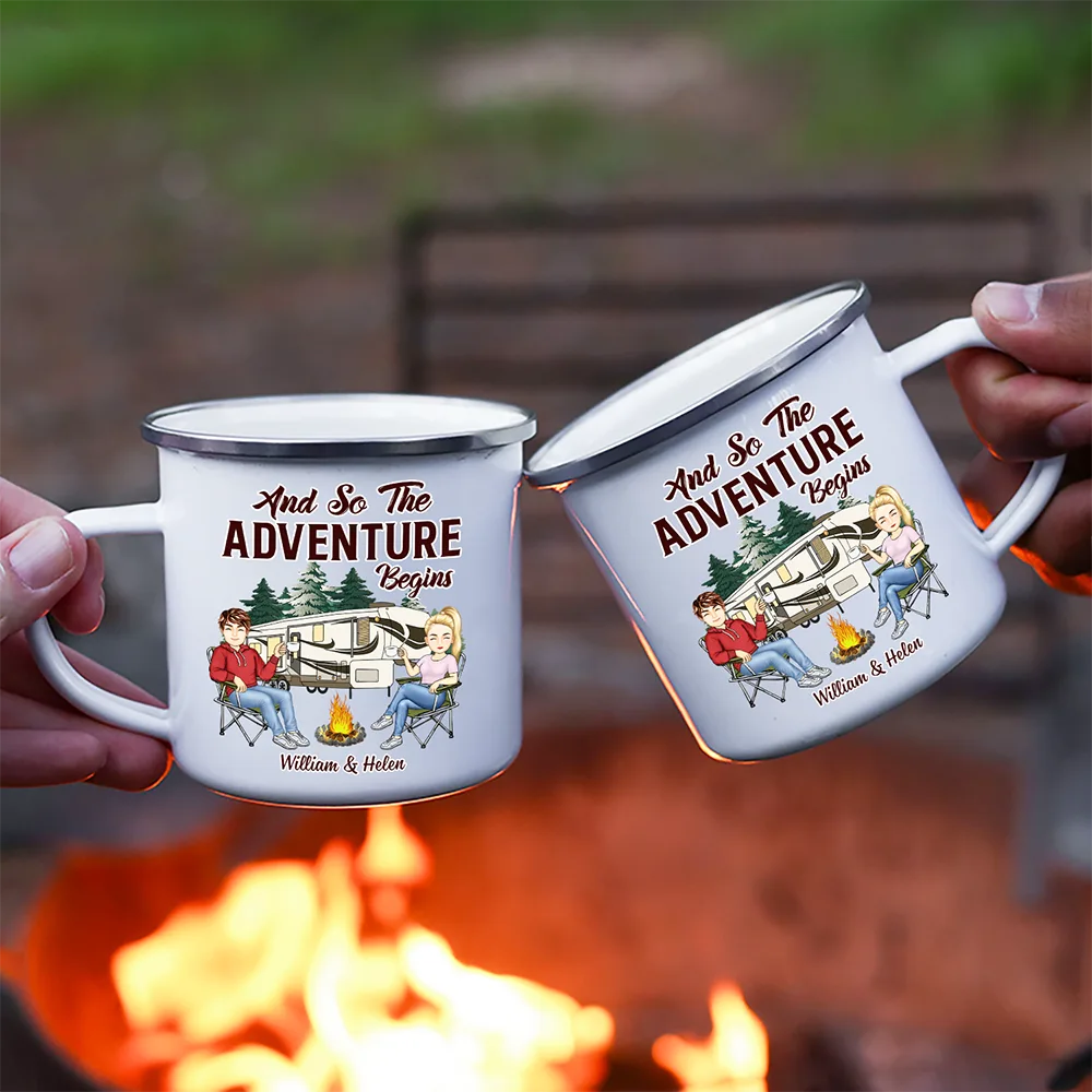 And So The Adventure Begins Cartoon Couple Camping - Personalized Enamel Mug