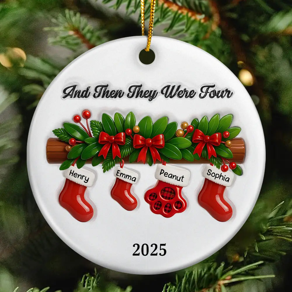 And Then There Were Four Stockings Family - 3D Inflated Effect Printed Ornament, Personalized Circle Ceramic Ornament