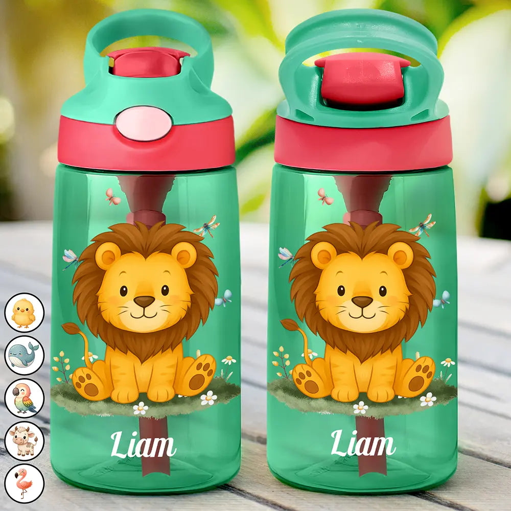 Animal With Kid's Name - Personalized Kids Water Bottle With Straw