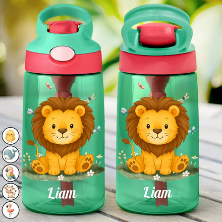 Animal With Kid's Name - Personalized Kids Water Bottle With Straw
