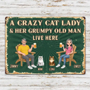 Dog Couple, Humorous, Dog Lovers, Pet Lovers, Gift For Couples, Vector - Animate Couple A Crazy Dog Cat Lady And Her Grumpy Old Man Live Here - Personalized Classic Metal Signs