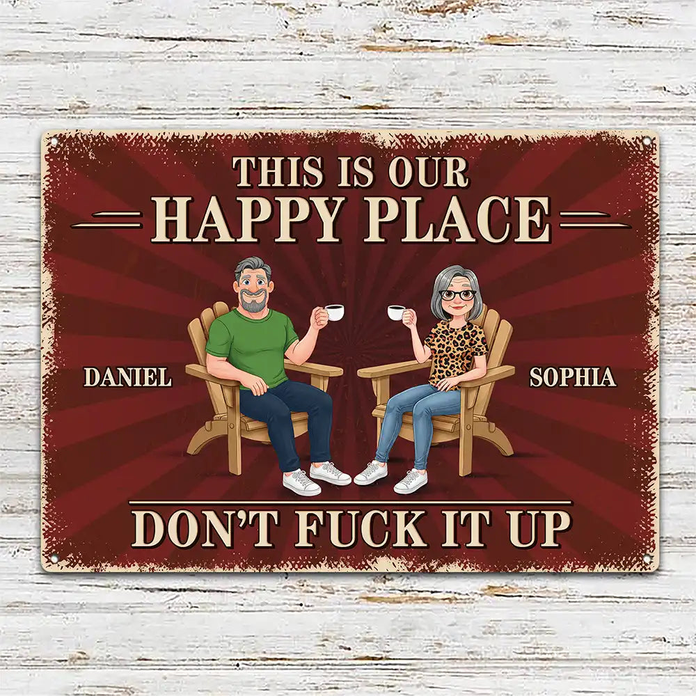 Humorous,Gift For Couples,Vector - Animate Couple This Is Our Happy Place - Personalized Classic Metal Signs