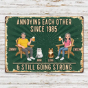 Pet Couple, Wedding Anniversary, Humorous, Pet Lovers, Gift For Couples, Vector - Animate Couple With Dog Cat Annoying Each Other - Personalized Classic Metal Signs