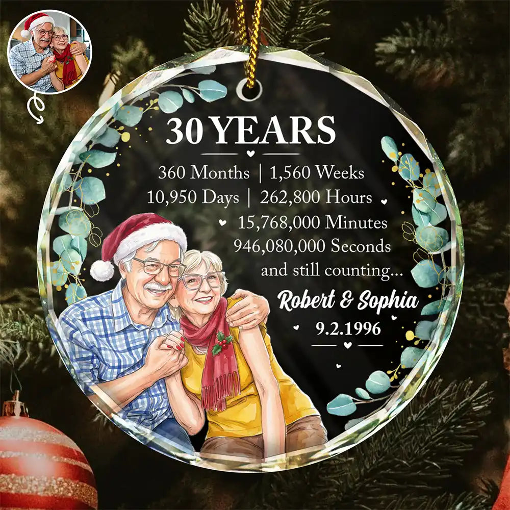 Anniversary Gift For Couples - Personalized Custom Photo Watercolor Names Year Counting Time Together Glass Ornament