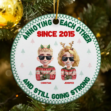 Annoying Each Other 3D Effect Couple Crossed Arms - Personalized Circle Ceramic Ornament