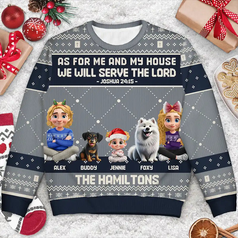 Christmas,Christian,Family,Pet Lovers - As For Me And My House We Will Serve The Lord - Personalized Unisex Ugly Sweater