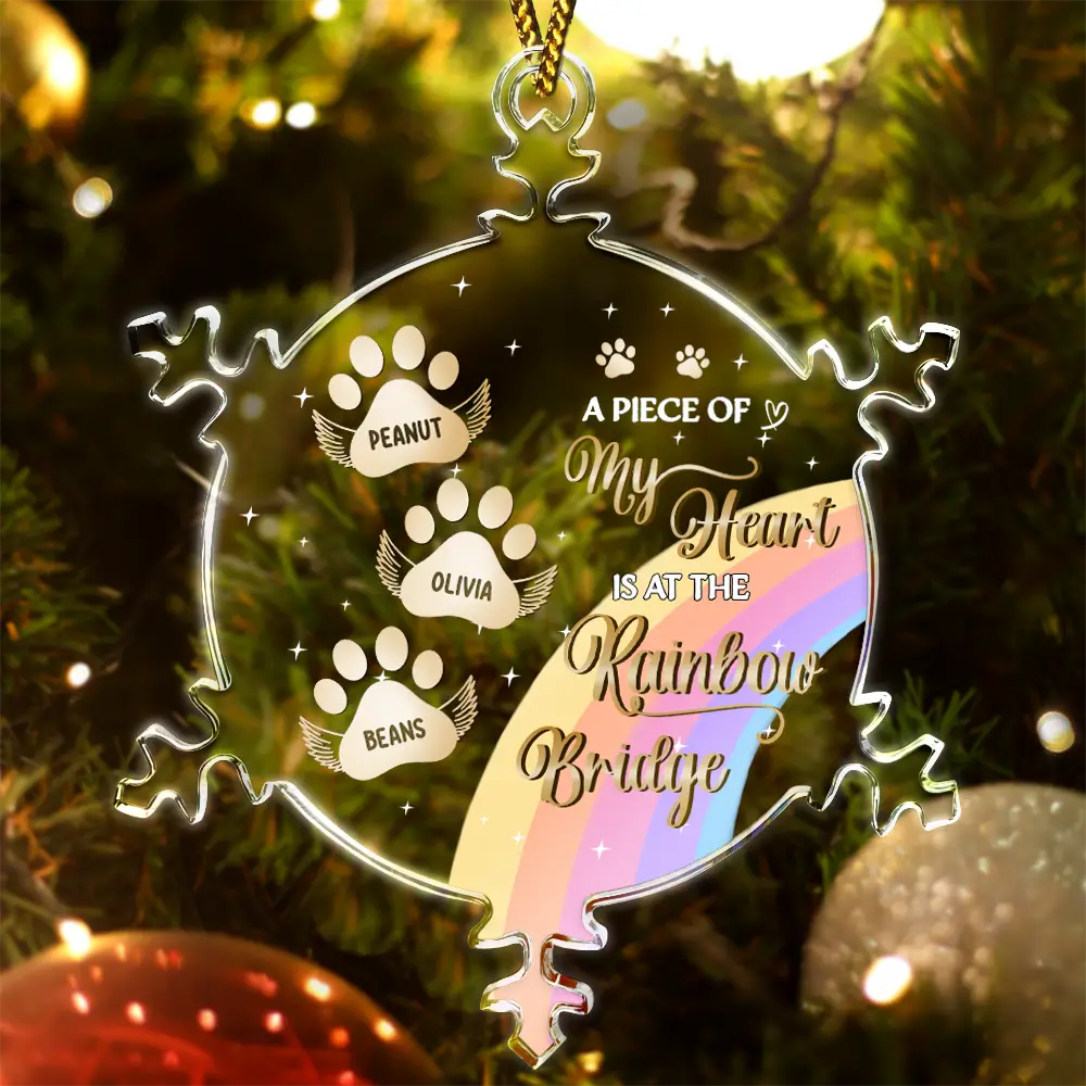 Sad, Memorial, Pet Lovers, Christmas - At The Rainbow Bridge - Personalized Snowflakes Shaped Glass Ornament