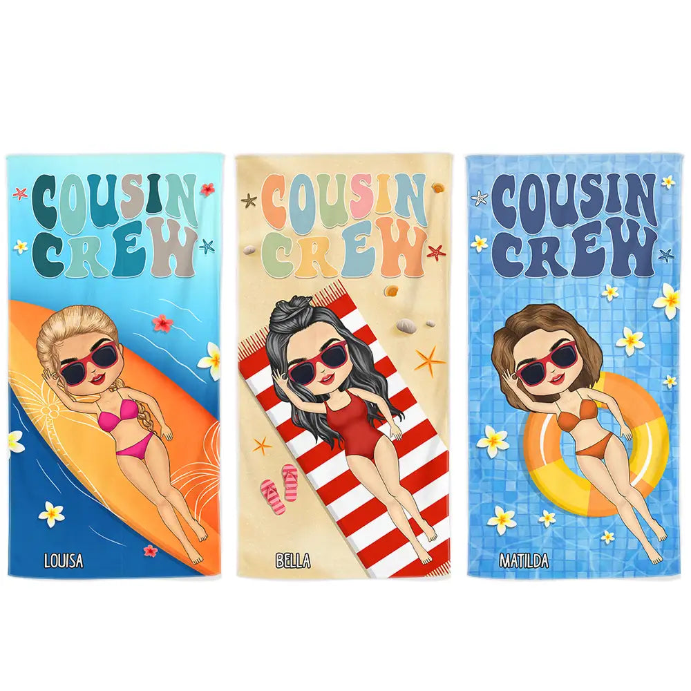 Retro Cousin Crew Chibi Sister Brother - Personalized Beach Towel