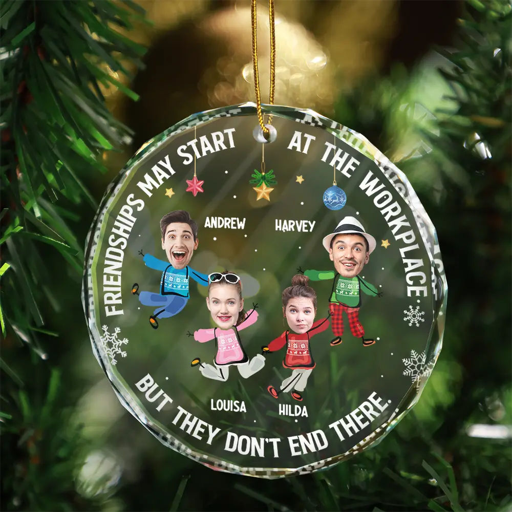 Custom Photo Friendships May Start At The Workplace Christmas Colleagues - Personalized Circle Glass Ornament