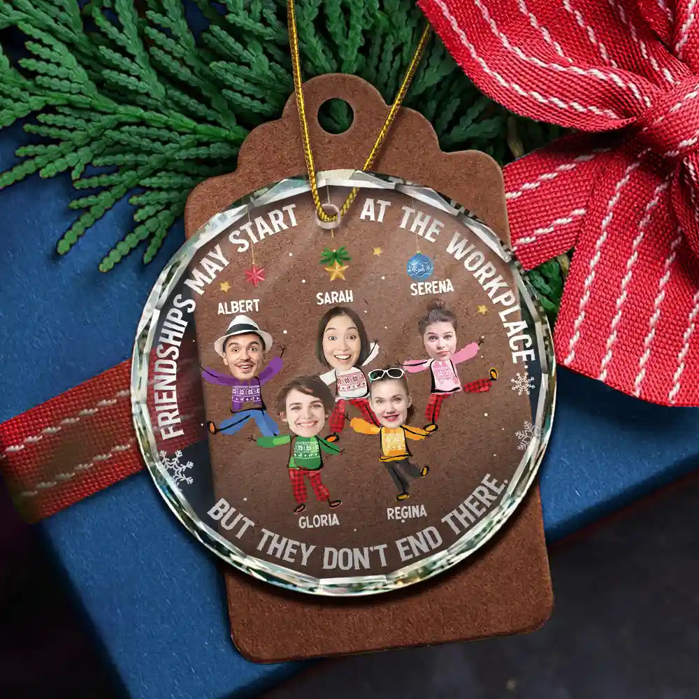 Custom Photo Friendships May Start At The Workplace Christmas Colleagues - Personalized Circle Glass Ornament