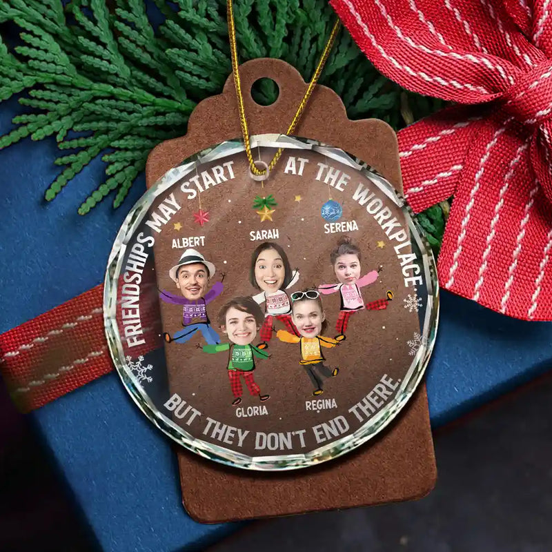 Custom Photo Friendships May Start At The Workplace Christmas Colleagues - Personalized Circle Glass Ornament