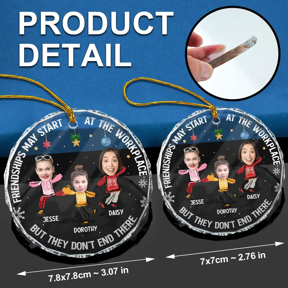Custom Photo Friendships May Start At The Workplace Christmas Colleagues - Personalized Circle Glass Ornament