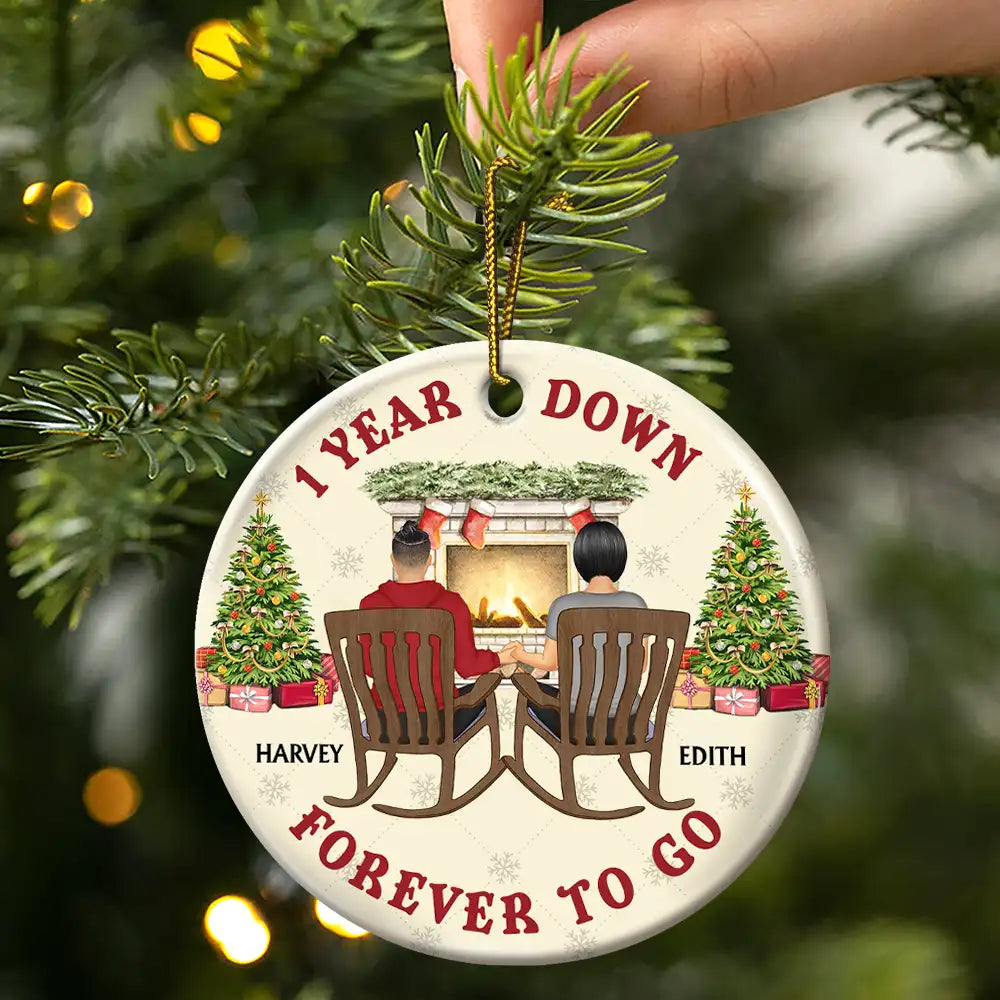 One Year Down Forever To Go Couple Anniversary - Personalized Circle Ceramic Ornament