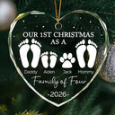 First Christmas As A Family Of Four Footprints - Personalized Heart Shaped Glass Ornament