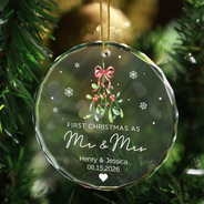 Mistletoe Our First Christmas Engaged - Personalized Circle Glass Ornament