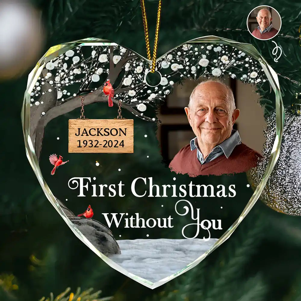 Custom Photo Memorial First Christmas Without You - Personalized Heart Shaped Glass Ornament