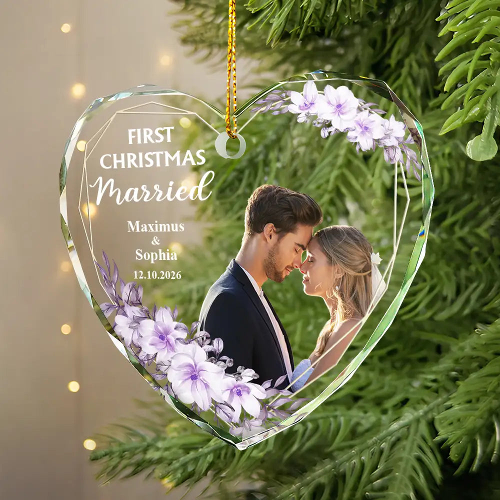 Custom Photo First Christmas Married - Personalized Glass Ornament