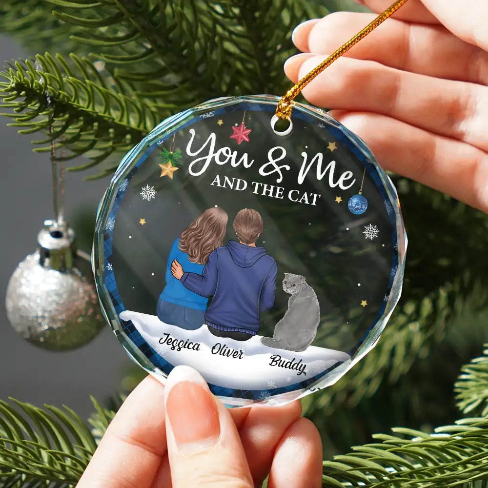Gift For Couples, Cat Lovers, Pet Lovers, Cat Couple - You & Me & The Cat Christmas Couple - Personalized Circle Glass Ornament