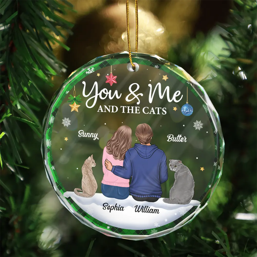 Gift For Couples, Cat Lovers, Pet Lovers, Cat Couple - You & Me & The Cat Christmas Couple - Personalized Circle Glass Ornament