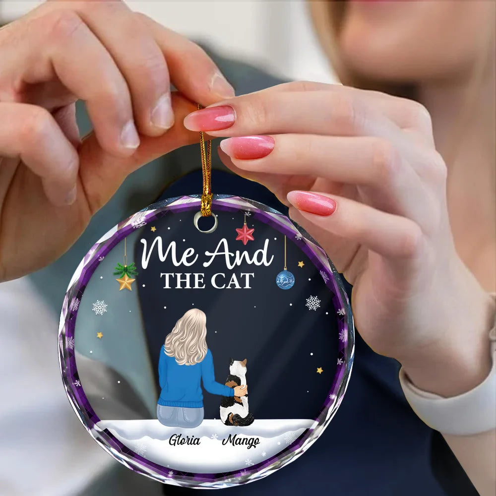Gift For Couples, Cat Lovers, Pet Lovers, Cat Couple - You & Me & The Cat Christmas Couple - Personalized Circle Glass Ornament