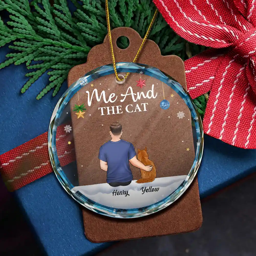 Gift For Couples, Cat Lovers, Pet Lovers, Cat Couple - You & Me & The Cat Christmas Couple - Personalized Circle Glass Ornament
