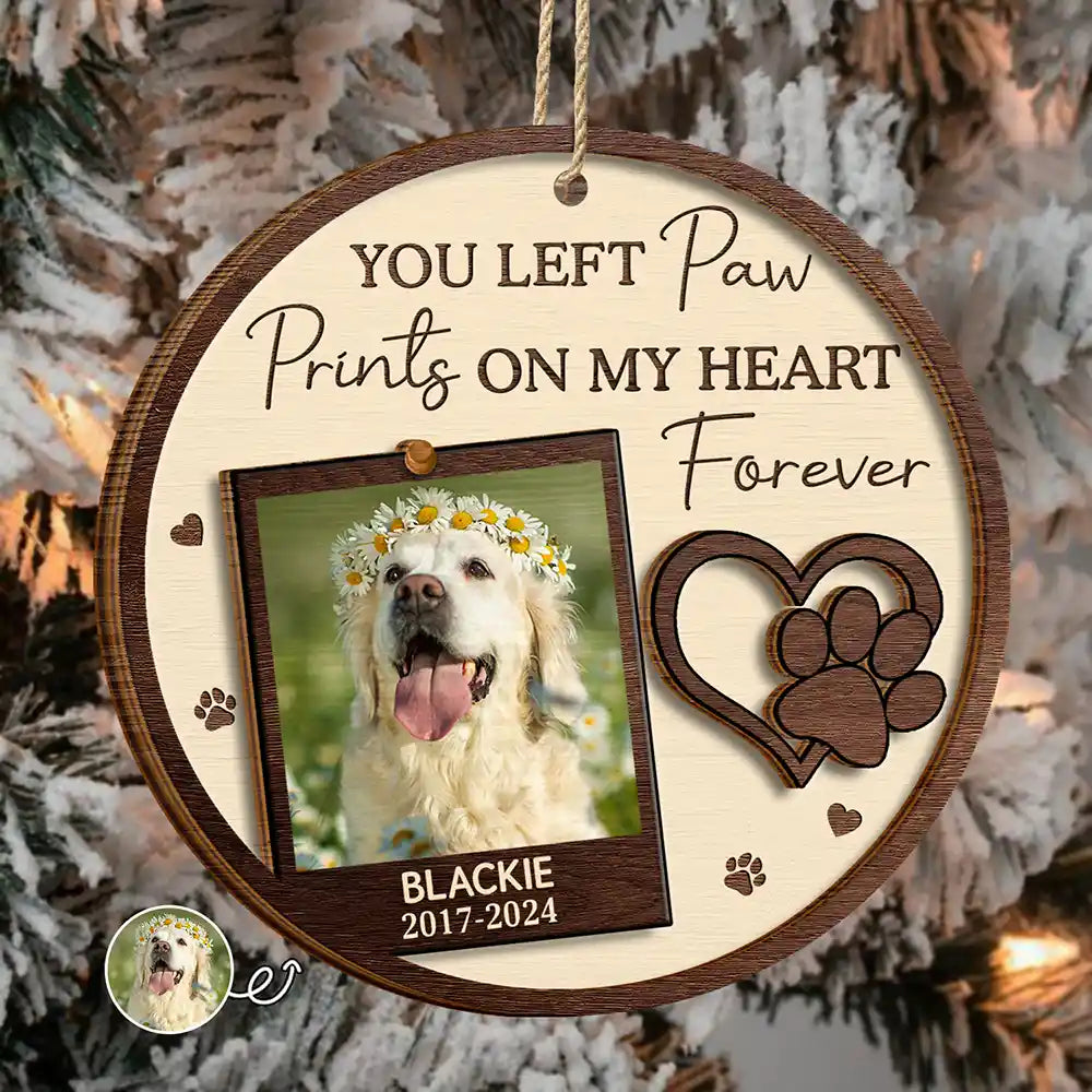 Custom Photo You Left Paw Prints On My Heart Forever - Personalized 2-Layered Wooden Ornament