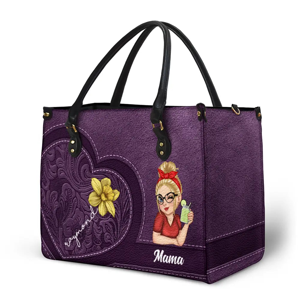 Gift For Grandma,Gift For Mother,Love - Grandma Birth Month Flowers Kids - Personalized Leather Bag