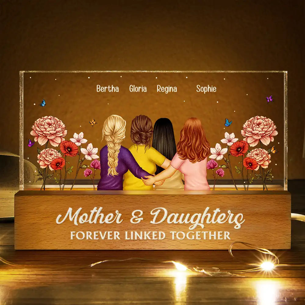 Gift For Mother, Mom - Daughters (Adult), Love, Gift For Daughter - Mother & Daughter Forever Linked Together Birth Flower Garden - Personalized Rectangle LED Light