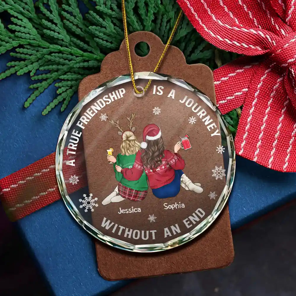 Gift For Bestie,Gift For Sisters,Gift For Women,Gifts For Colleagues,Happy,Christmas - Bestie A True Friendship Is A Journey Without An End - Personalized Circle Glass Ornament