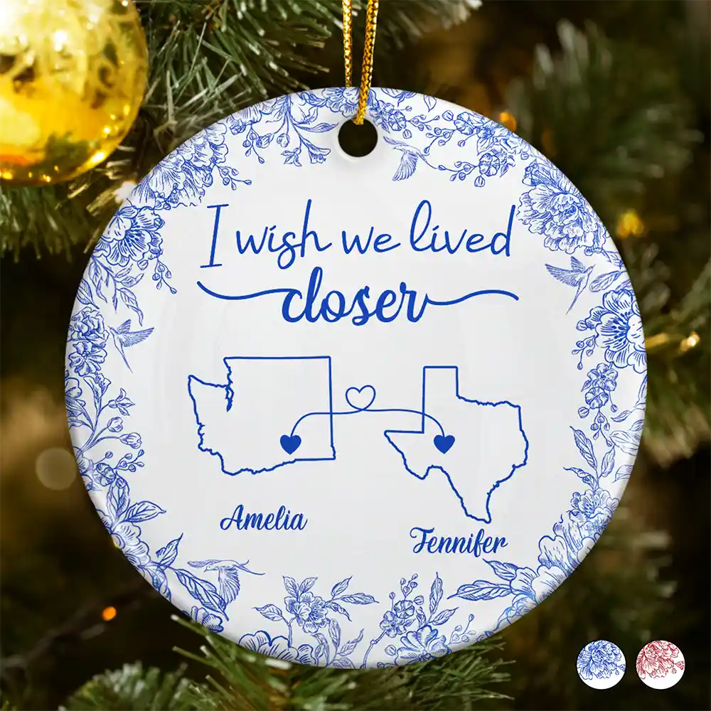 Chinoiserie Toile I Wish We Lived Closer - Personalized Circle Ceramic Ornament
