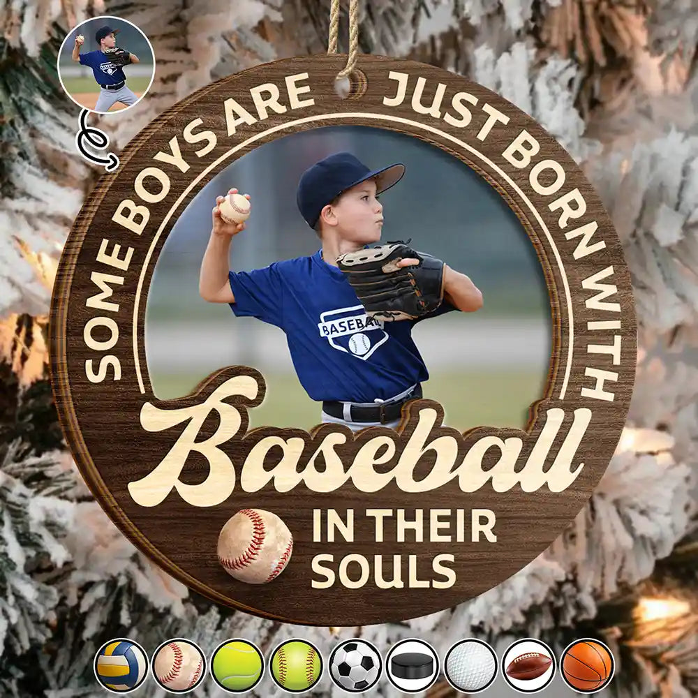 Custom Photo Born With Baseball In Their Souls - Personalized 2-Layered Wooden Ornament