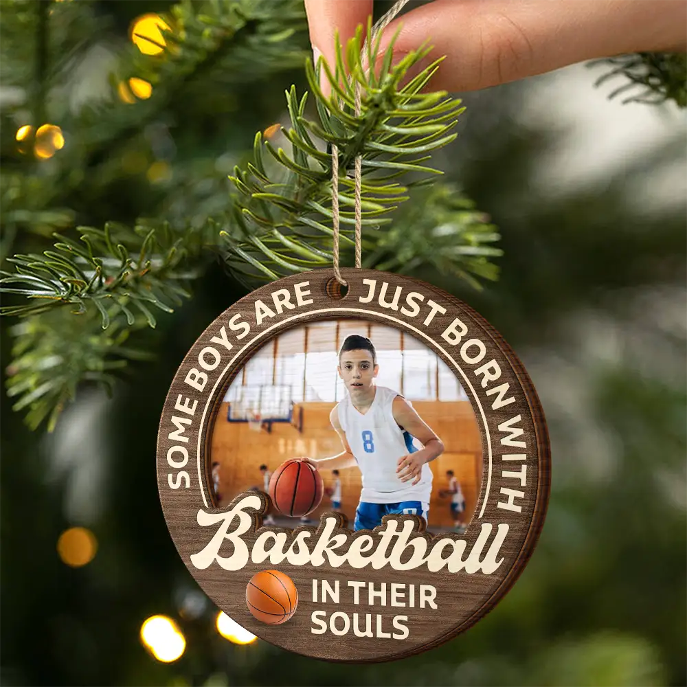 Gift For Kids,Gift For Grandkids,Custom Photo,Gift For Yourself,Happy,Christmas,Top Market - Custom Photo Born With Baseball In Their Souls - Personalized 2-Layered Wooden Ornament