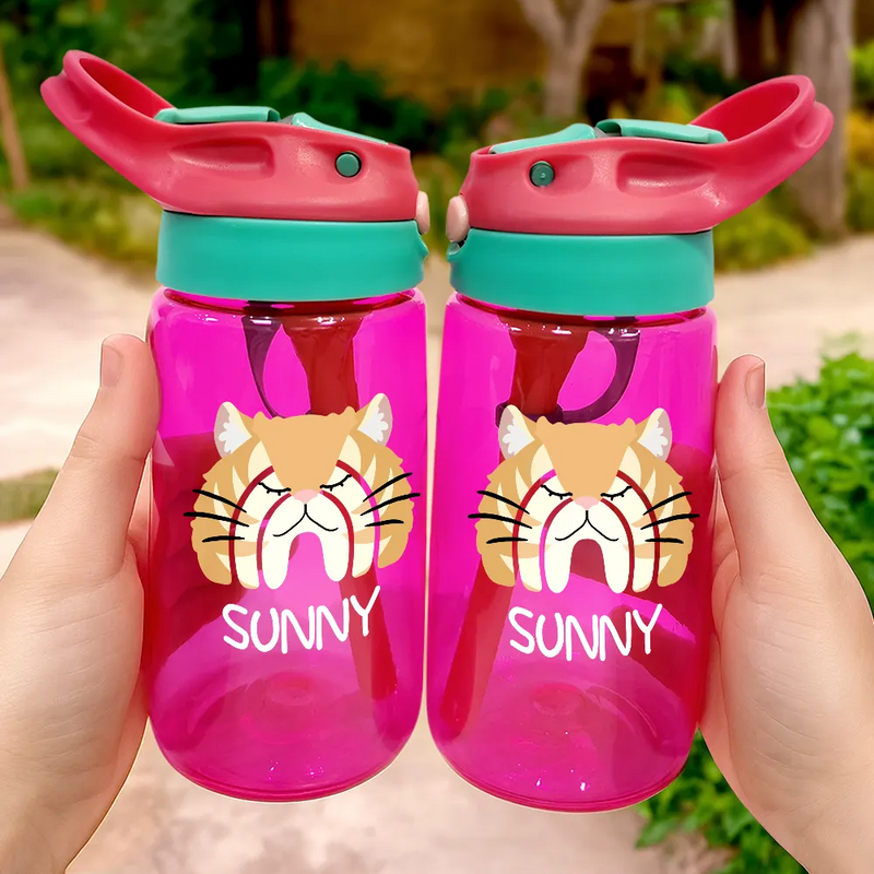 Cat Lovers,Happy - Custom Name Boho Rainbow Style Cat Face - Personalized Kids Water Bottle With Straw