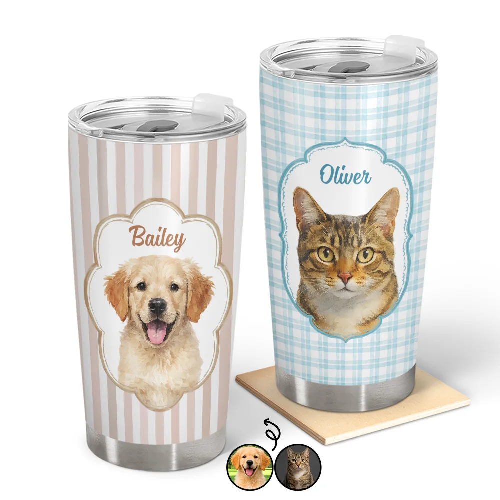 Custom Photo Realistic Watercolor Art Watercolor Dog Cat Pet Portrait Vintage - Personalized Tumbler