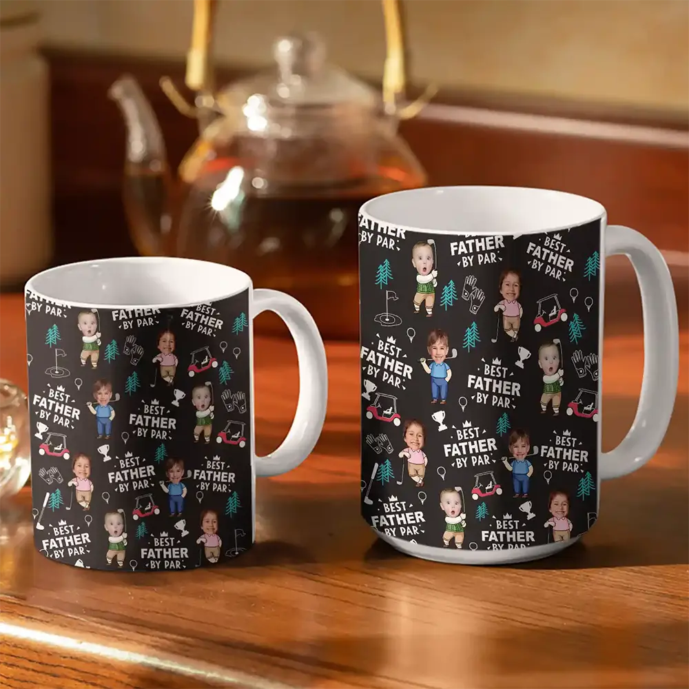 Gift For Husband,Gift For Yourself,Gift For Men,Gift For Father,Gift For Grandpa,Dad's Hobby,Grandpa's Hobby,Golf,Non-Eng,Photo,Humorous - Custom Photo Best Dad By Par Funny Kid - Personalized White Edge-to-Edge Mug