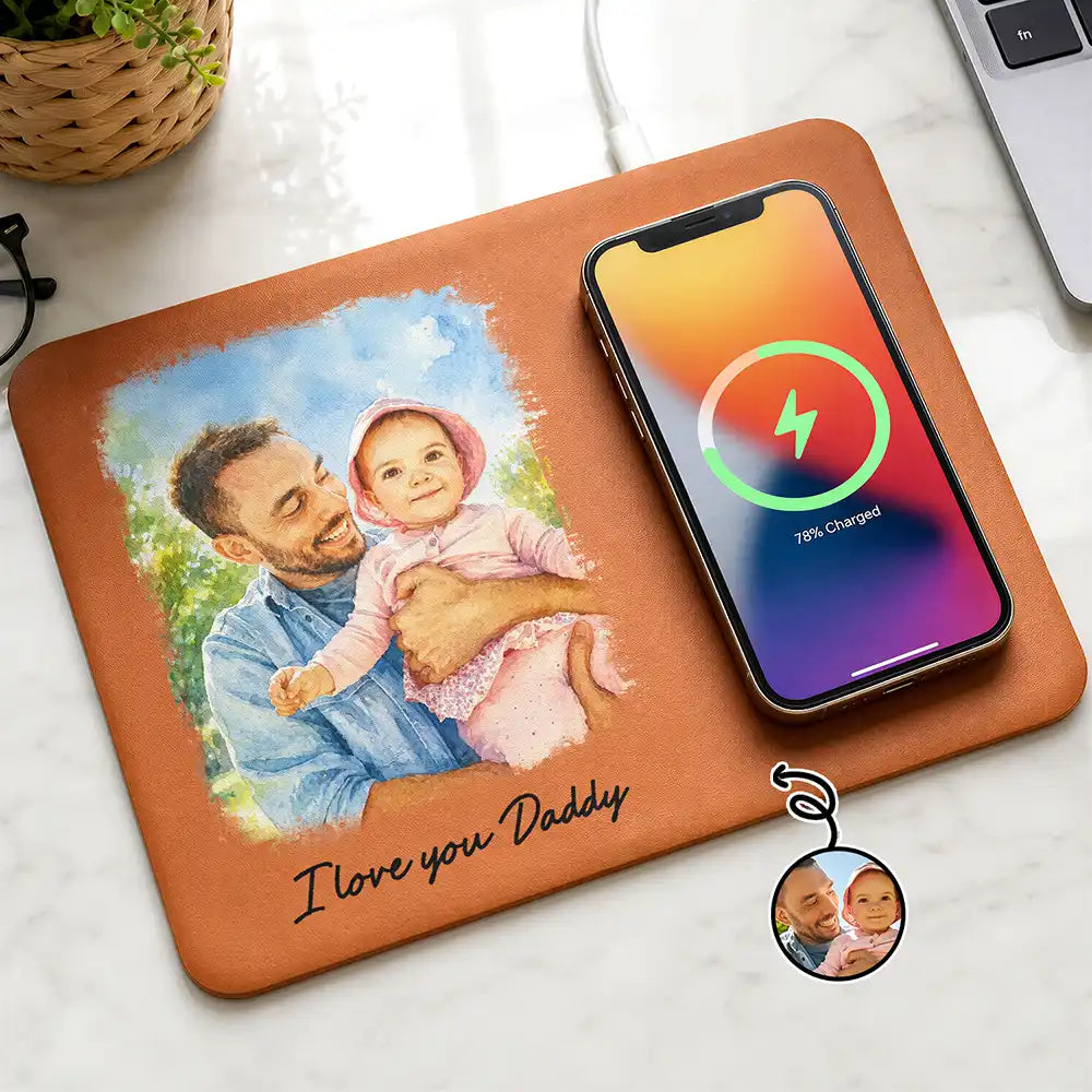 Custom Photo Watercolor Painting I Love You Daddy Grandpa Pet Dad - Personalized Leather Charging Mat