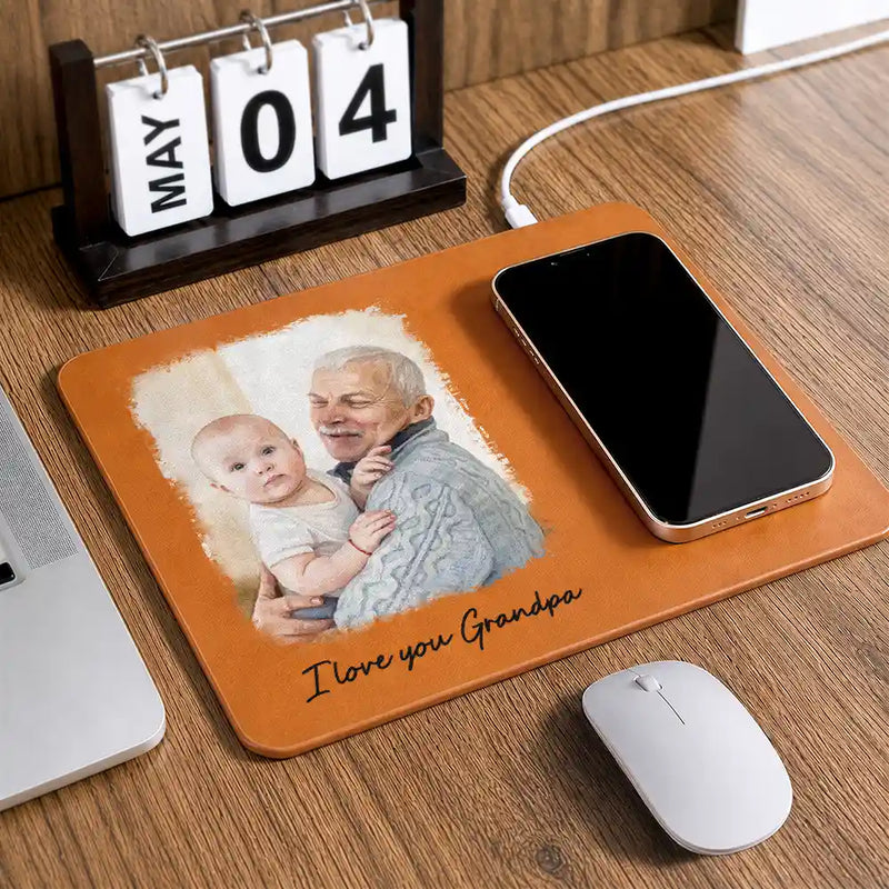 Gift For Husband,Gift For Yourself,Gift For Men,Gift For Father,Gift For Grandpa,Pet Dad,Non-Eng,Photo - Watercolor (with BG),Cozy - Custom Photo Watercolor Painting I Love You Daddy Grandpa Pet Dad - Personalized Leather Charging Mat