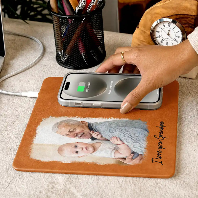 Gift For Husband,Gift For Yourself,Gift For Men,Gift For Father,Gift For Grandpa,Pet Dad,Non-Eng,Photo - Watercolor (with BG),Cozy - Custom Photo Watercolor Painting I Love You Daddy Grandpa Pet Dad - Personalized Leather Charging Mat
