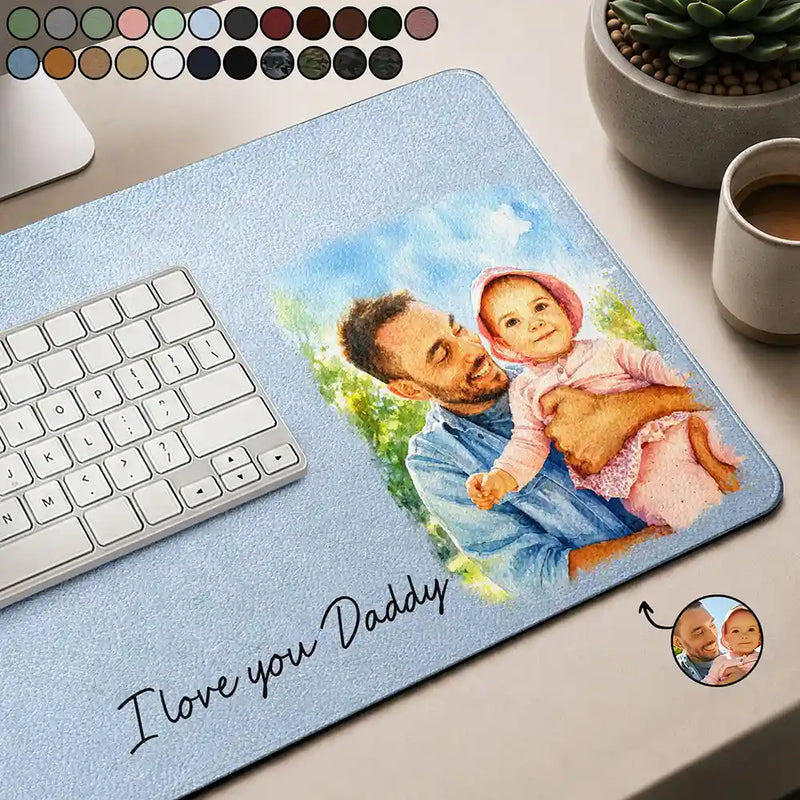 Gift For Husband,Gift For Yourself,Gift For Men,Gift For Father,Gift For Grandpa,Pet Dad,Non-Eng,Photo - Watercolor (with BG),Cozy - Custom Photo Watercolor Painting I Love You Daddy Grandpa Pet Dad - Personalized Leather Desk Mat