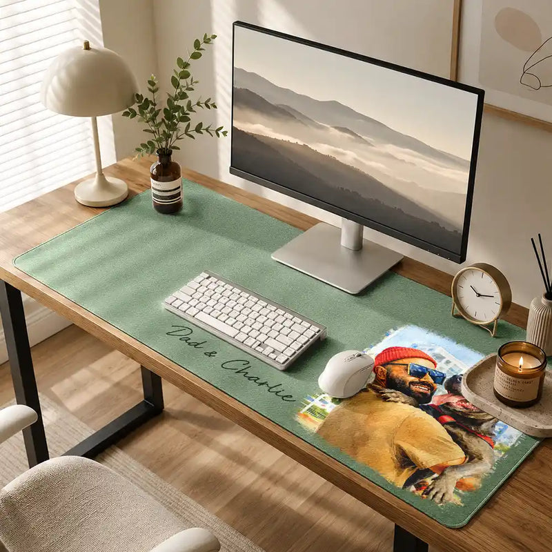 Gift For Husband,Gift For Yourself,Gift For Men,Gift For Father,Gift For Grandpa,Pet Dad,Non-Eng,Photo - Watercolor (with BG),Cozy - Custom Photo Watercolor Painting I Love You Daddy Grandpa Pet Dad - Personalized Leather Desk Mat