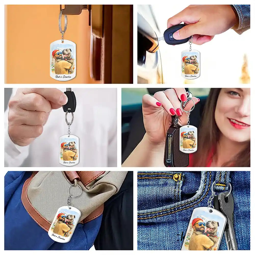 Gift For Husband,Gift For Yourself,Gift For Men,Gift For Father,Gift For Grandpa,Pet Dad,Non-Eng,Photo - Watercolor (with BG),Cozy - Custom Photo Watercolor Painting I Love You Daddy Grandpa Pet Dad - Personalized Aluminum Keychain