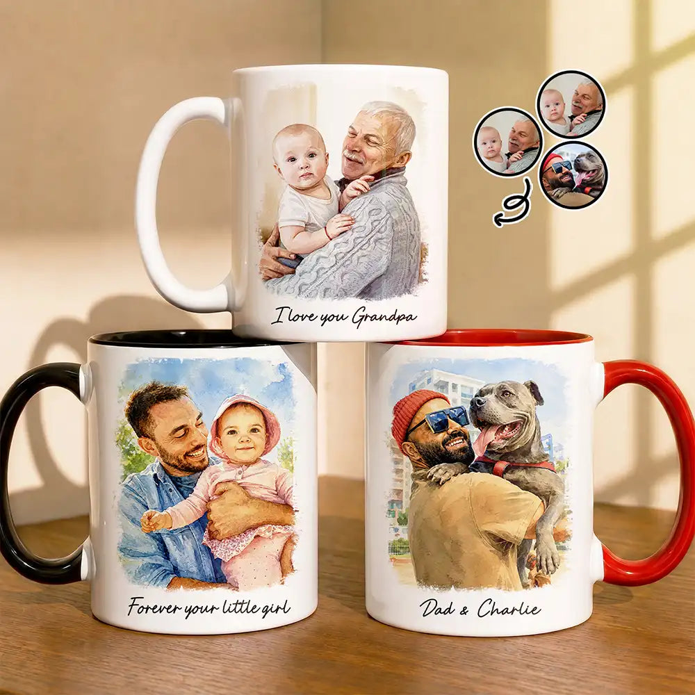 Custom Photo Watercolor Painting I Love You Daddy Grandpa Pet Dad - Personalized Mug
