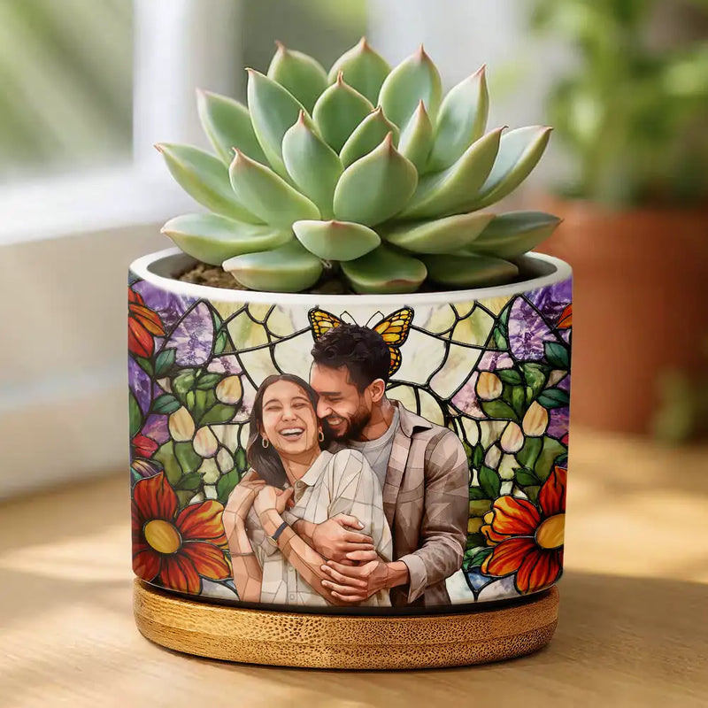 Custom Photo,Art Design,Gift For Grandma,Cozy,Photo - Stained Glass - Custom Photo Stained Glass Mom Grandma Parents Family Couple - Personalized Ceramic Plant Pot