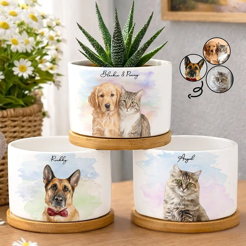 Custom Photo Realistic Watercolor Art Portrait Cat Dog Pet - Personalized Ceramic Plant Pot